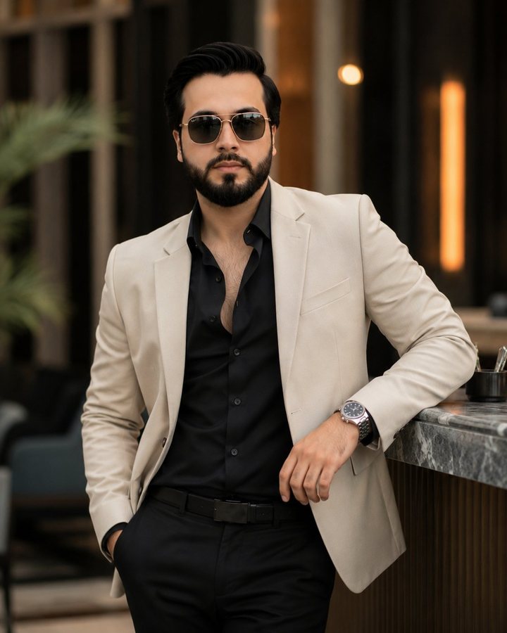 Hamza Ali Basra in a cream blazer