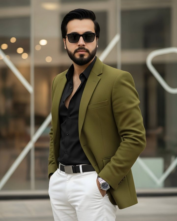 Hamza Ali Basra in an olive blazer